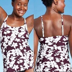 NEW NWT KONA SOL Scoop Neck Adjustable Tankini Top Burgundy Maroon White Floral